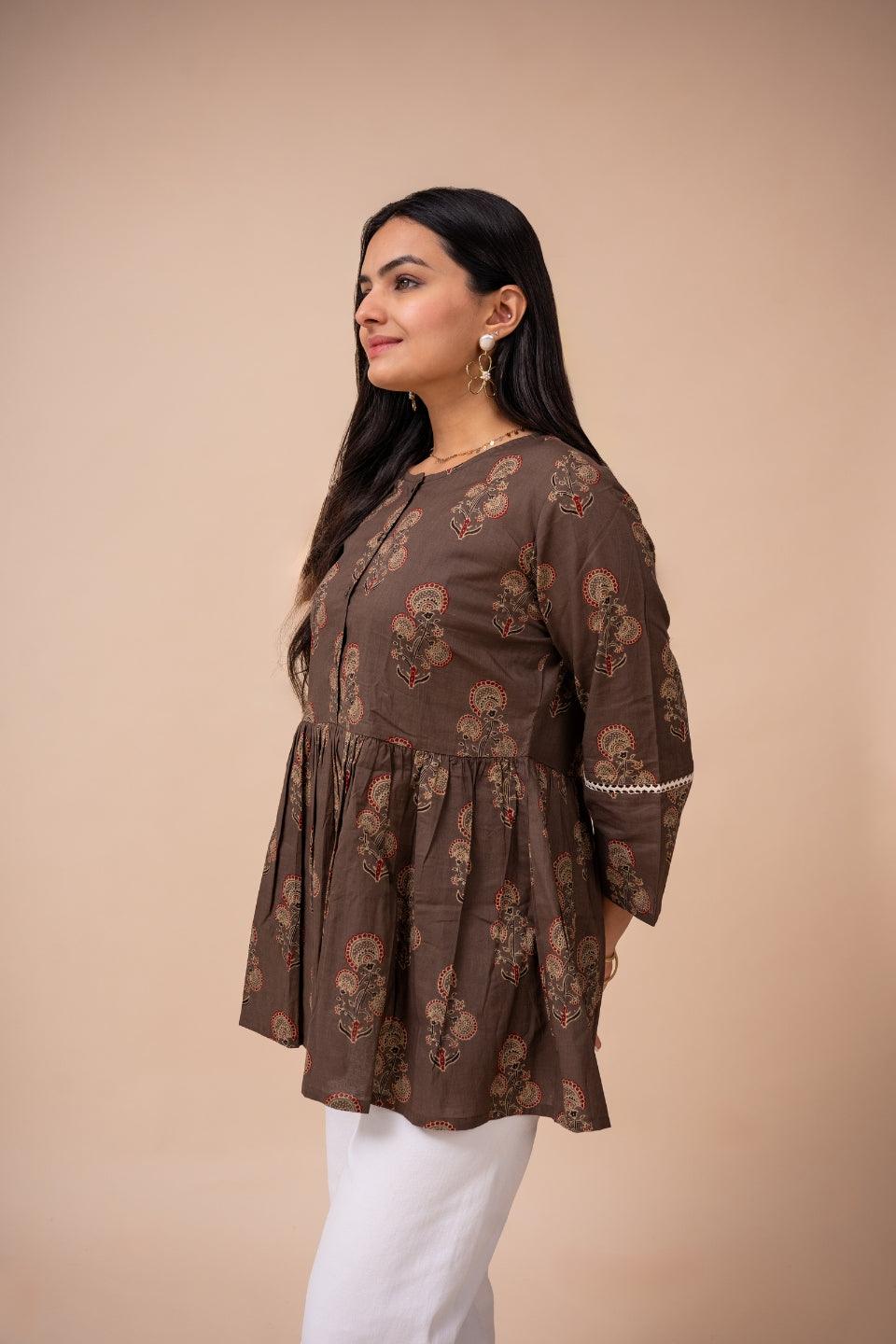 Ekisha's women brown floral printed cotton tunic top short kurti - Ekisha