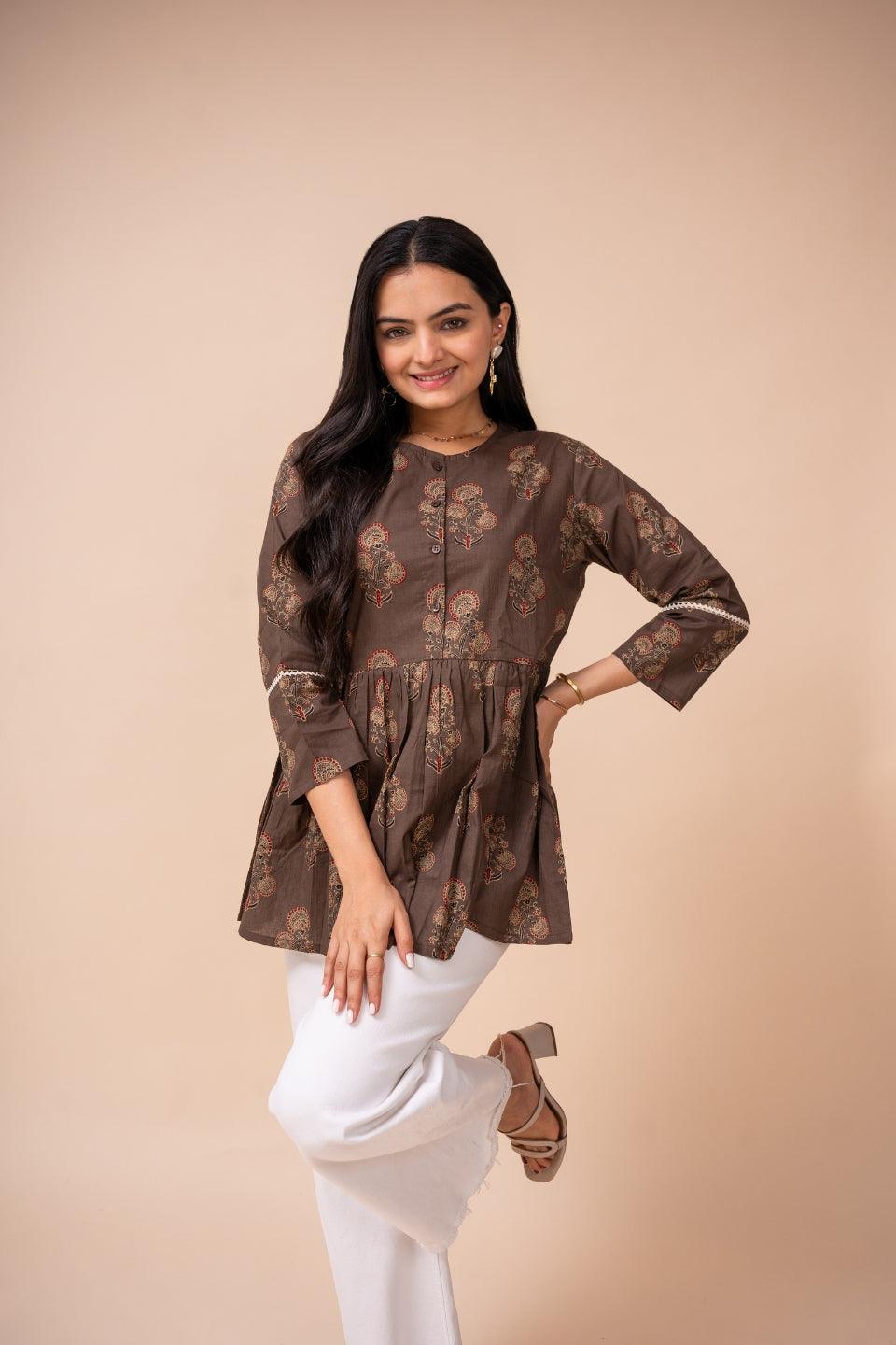 Ekisha's women brown floral printed cotton tunic top short kurti - Ekisha