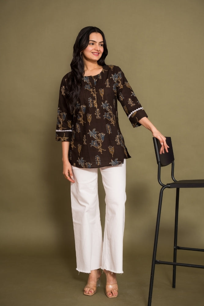 Ekisha's women brown floral printed designer cotton tunic top short kurti, front view 5