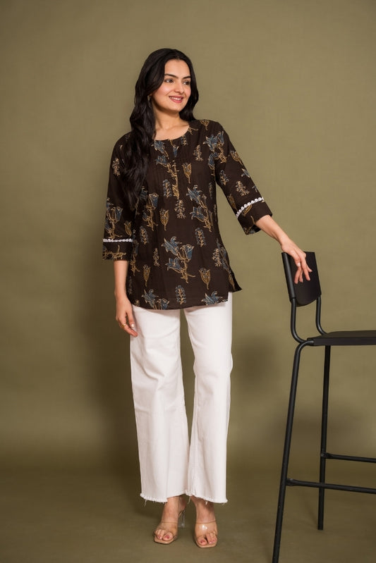 Ekisha's women brown floral printed designer cotton tunic top short kurti, front view 5