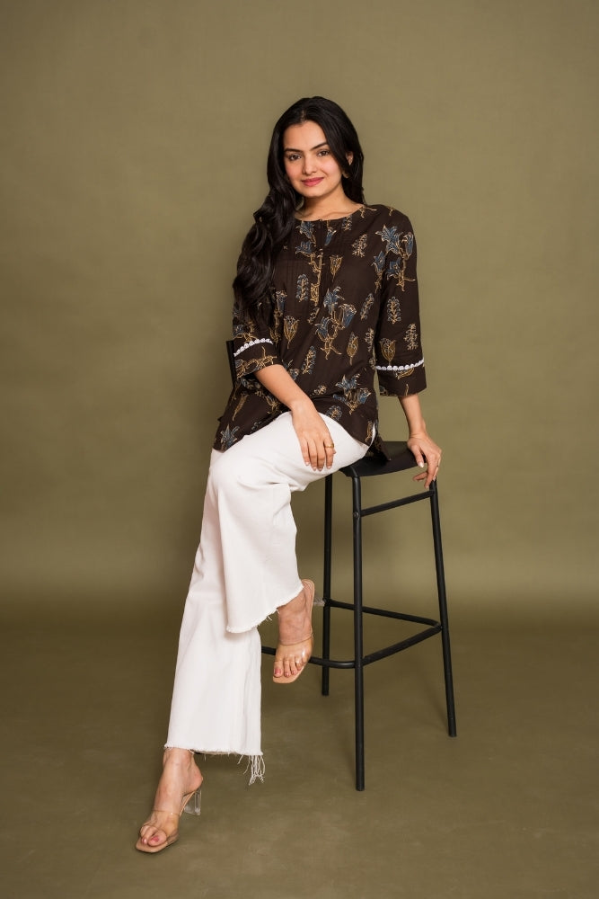 Ekisha's women brown floral printed designer cotton tunic top short kurti, front view 4