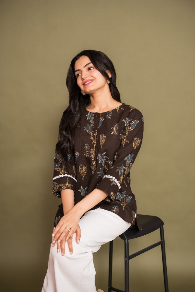 Ekisha's women brown floral printed designer cotton tunic top short kurti, front view 3