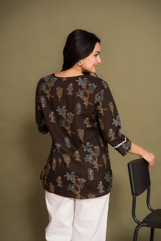 Ekisha's women brown floral printed designer cotton tunic top short kurti, back view 