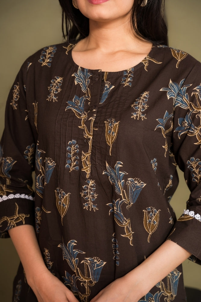 Ekisha's women brown floral printed designer cotton tunic top short kurti, detailed view