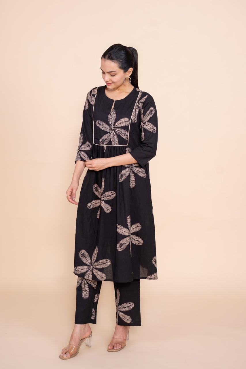 Ekisha's women black floral designer printed cotton co-ord set lounge wear, front view