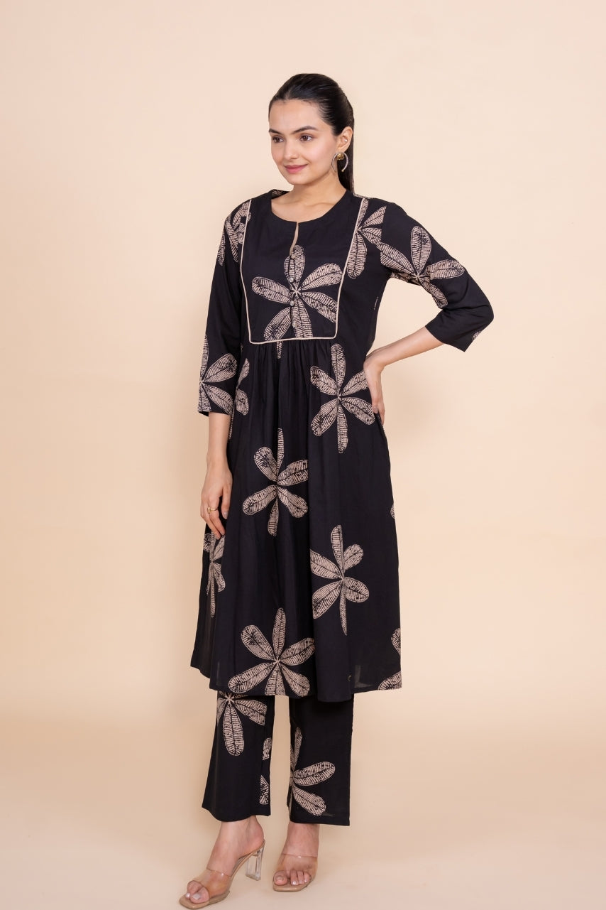 Ekisha's women black floral designer printed cotton co-ord set lounge wear, front view 2
