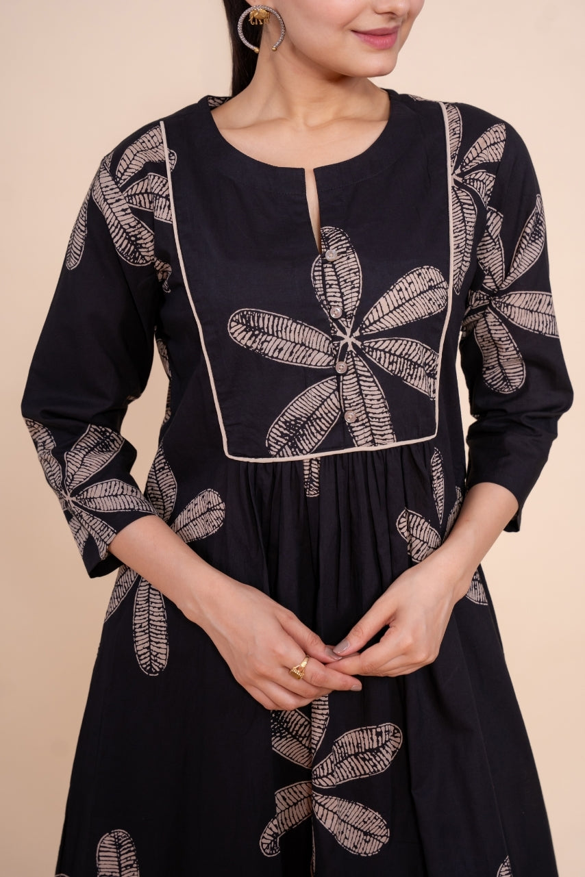 Ekisha's women black floral designer printed cotton co-ord set lounge wear, detailed view