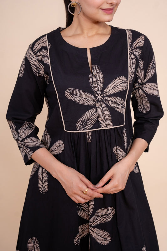 Ekisha's women black floral designer printed cotton co-ord set lounge wear, detailed view