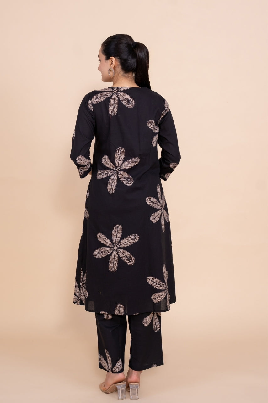 Ekisha's women black floral designer printed cotton co-ord set lounge wear, back view