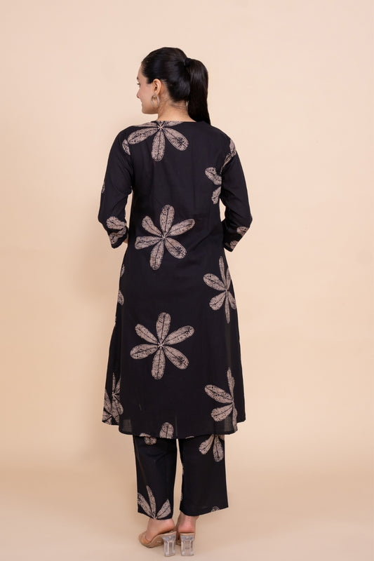 Ekisha's women black floral designer printed cotton co-ord set lounge wear, back view