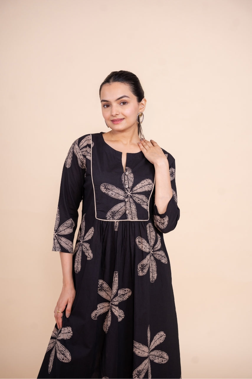Ekisha's women black floral designer printed cotton co-ord set lounge wear, front view 4