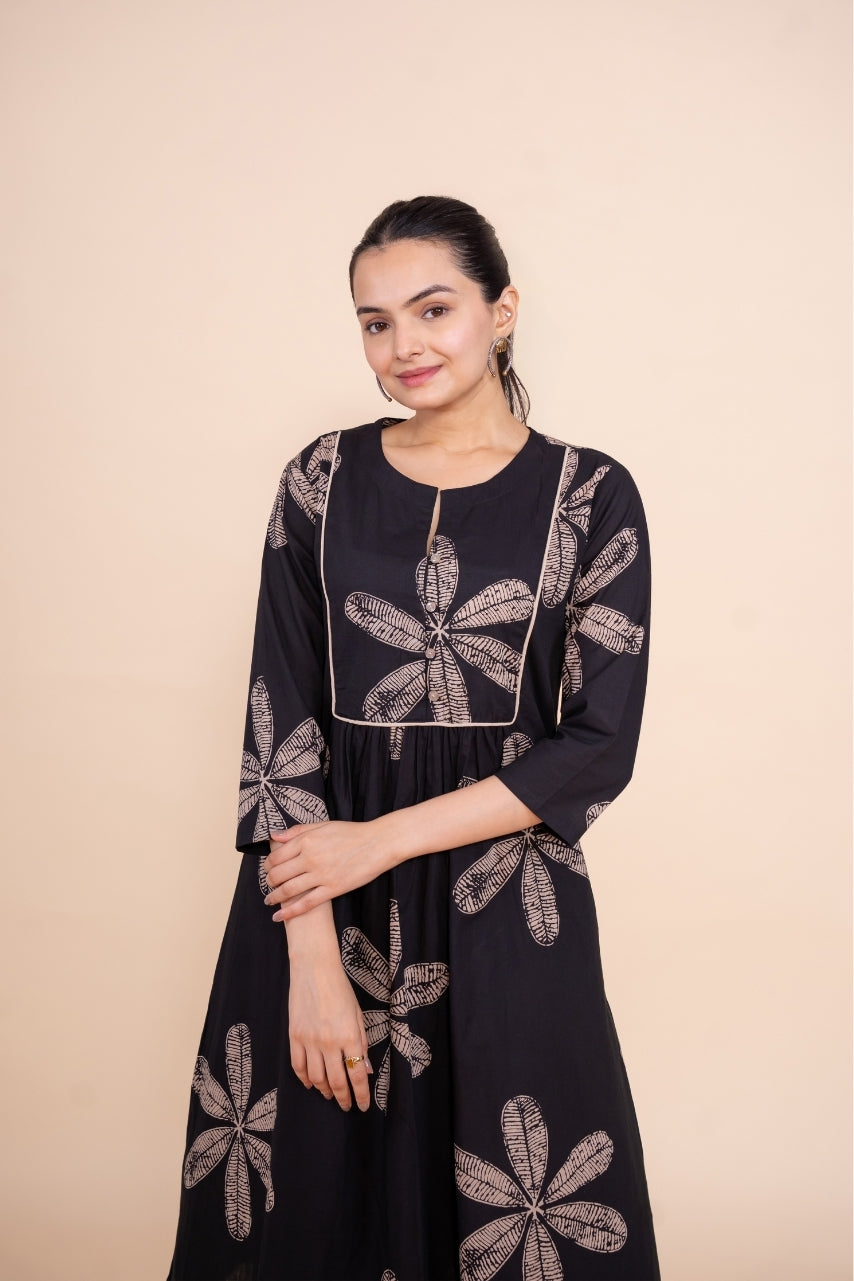 Ekisha's women black floral designer printed cotton co-ord set lounge wear, front view 5