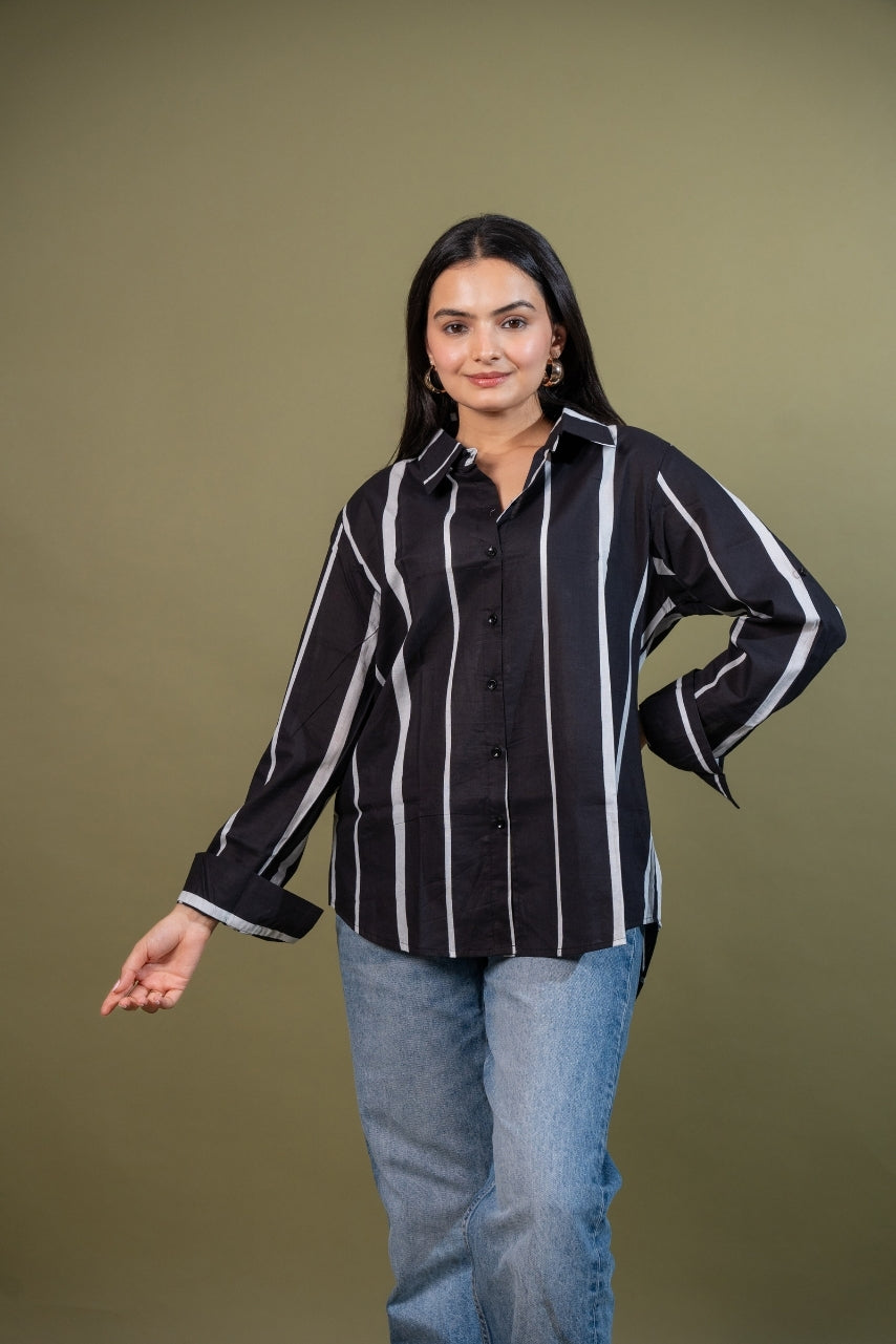 Women cotton black white stripes relaxed fit shirt, front view