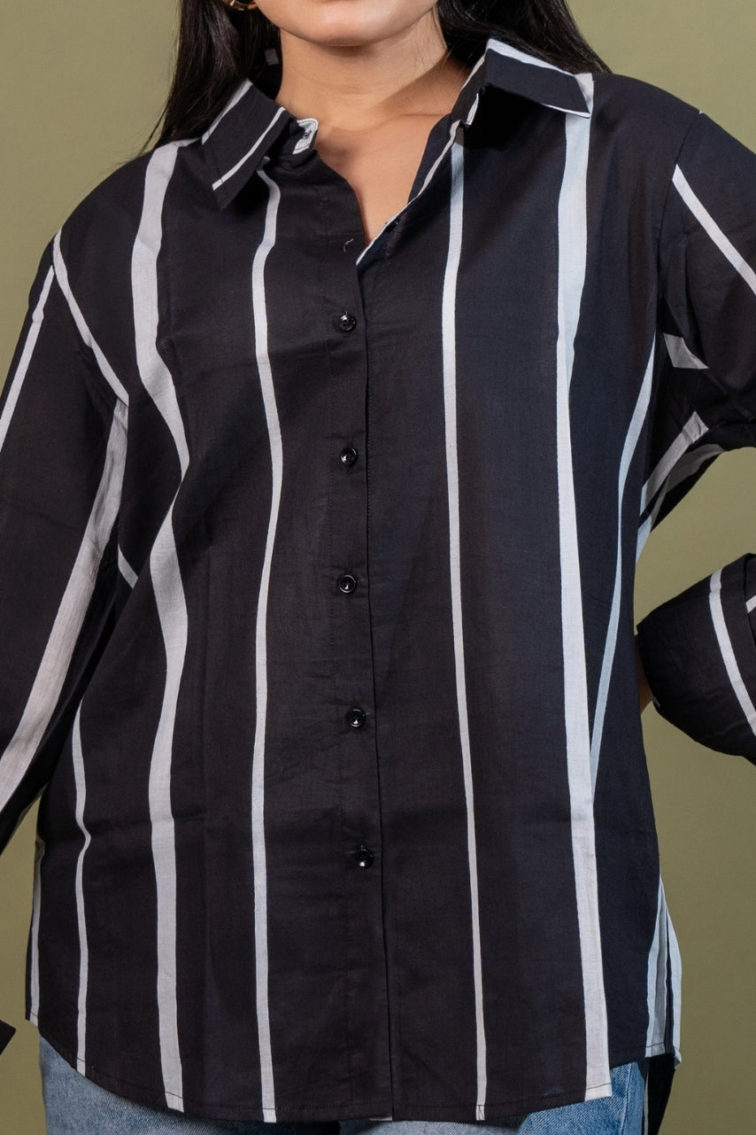 Women cotton black white stripes relaxed fit shirt, detailed view