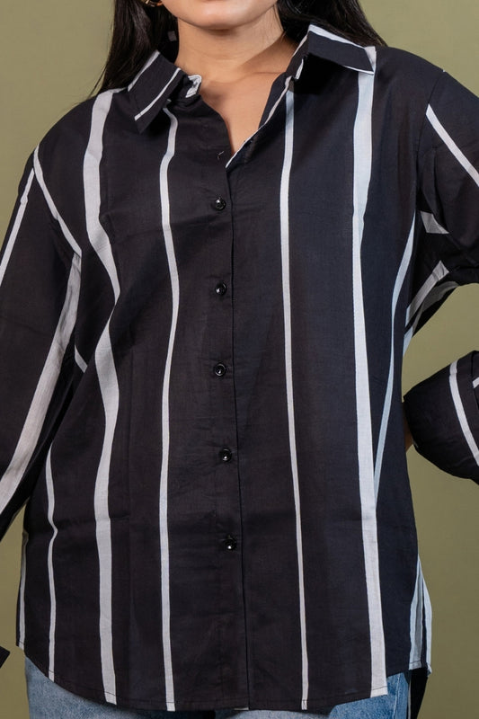 Women cotton black white stripes relaxed fit shirt, detailed view