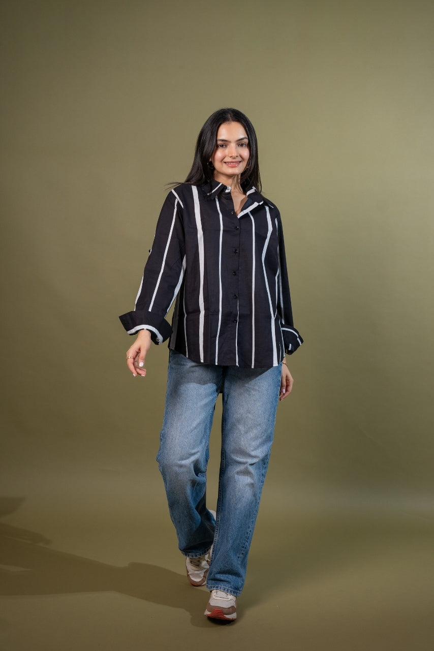 Women cotton black white stripes relaxed fit shirt, front view 2