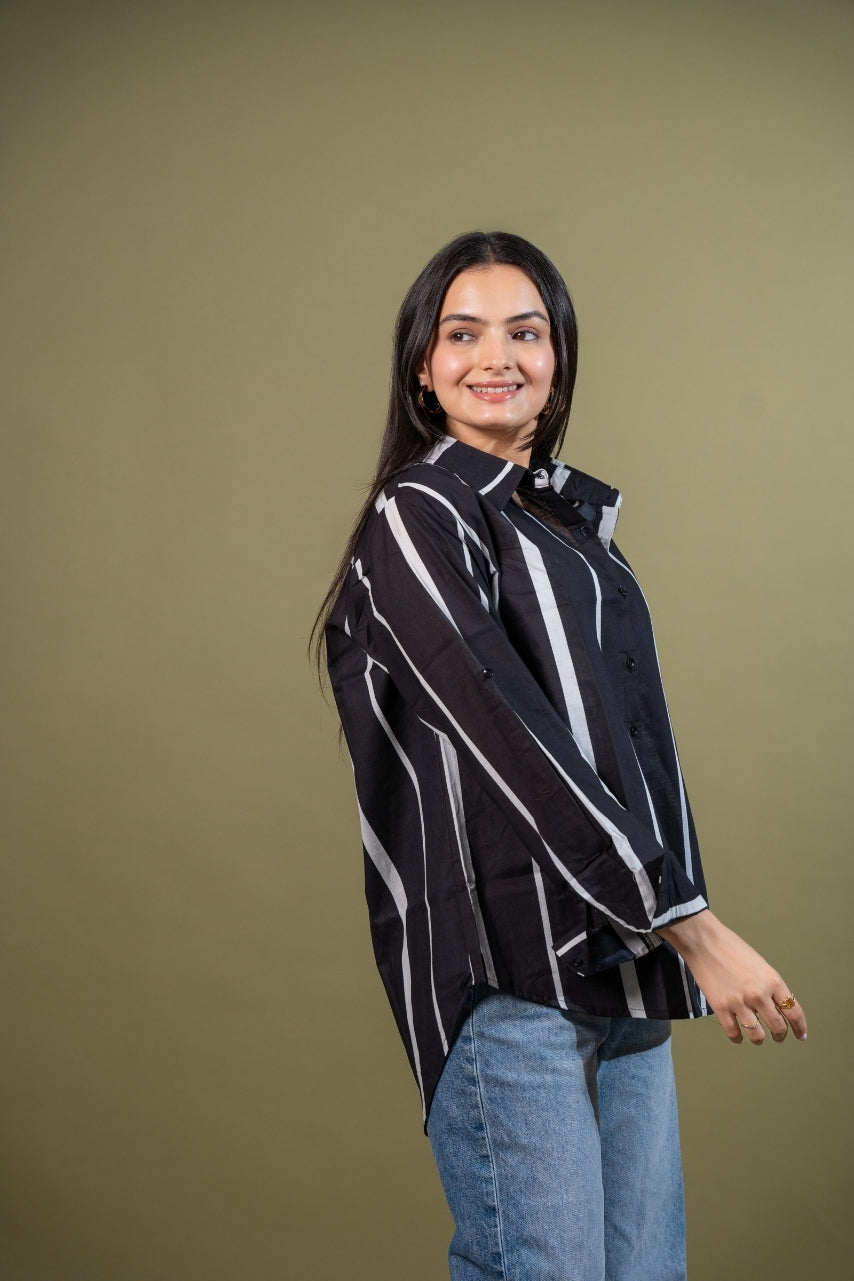 Women cotton black white stripes relaxed fit shirt, side view
