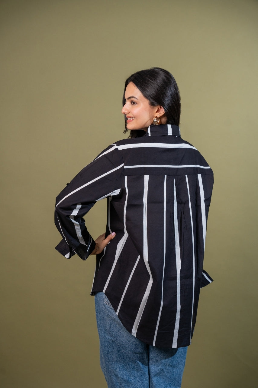 Women cotton black white stripes relaxed fit shirt, back view