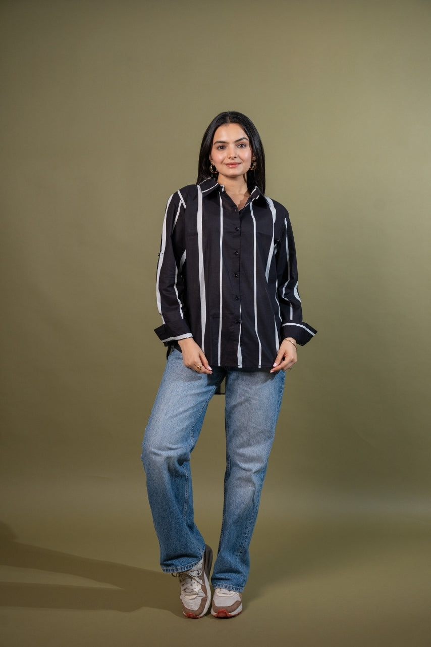 Women cotton black white stripes relaxed fit shirt, front view 4