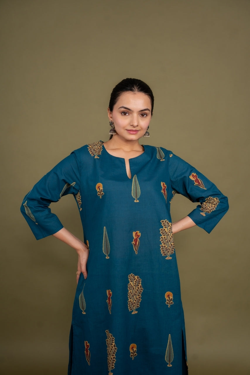 Women blue designer printed floral pure cotton Co-Ord Set, front view 3