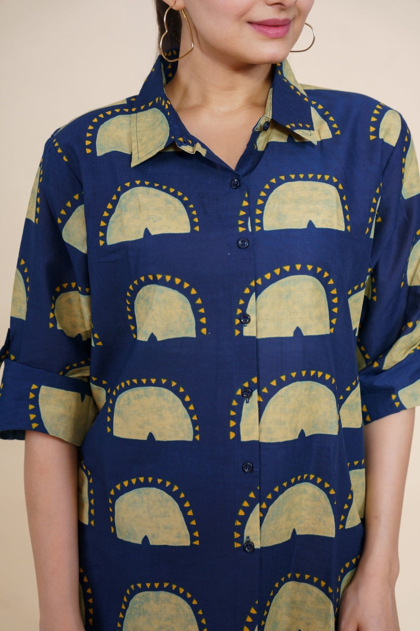 Women Pure Cotton blue abstract printed relaxed fit shirt, detailed view