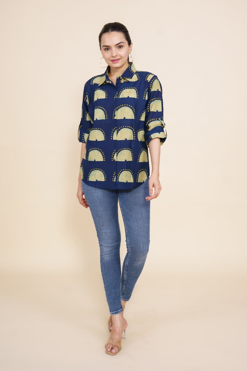 Women Pure Cotton blue abstract printed relaxed fit shirt, front view 6