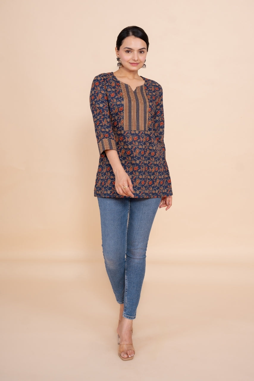 Women blue floral designer printed cotton tunic top short kurti, front view