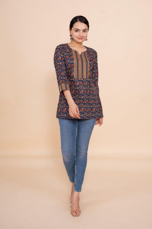 Women blue floral designer printed cotton tunic top short kurti, front view
