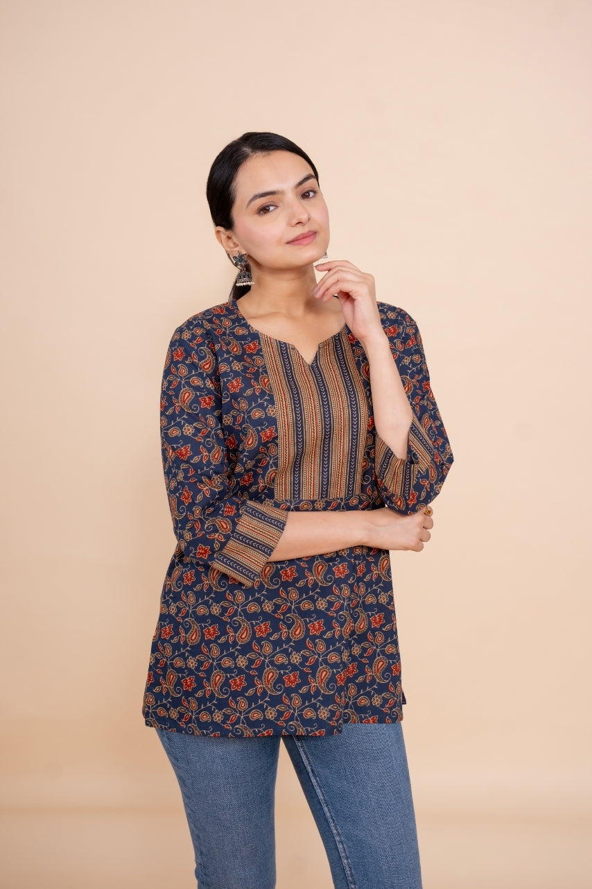 Women blue floral designer printed cotton tunic top short kurti, front view 2
