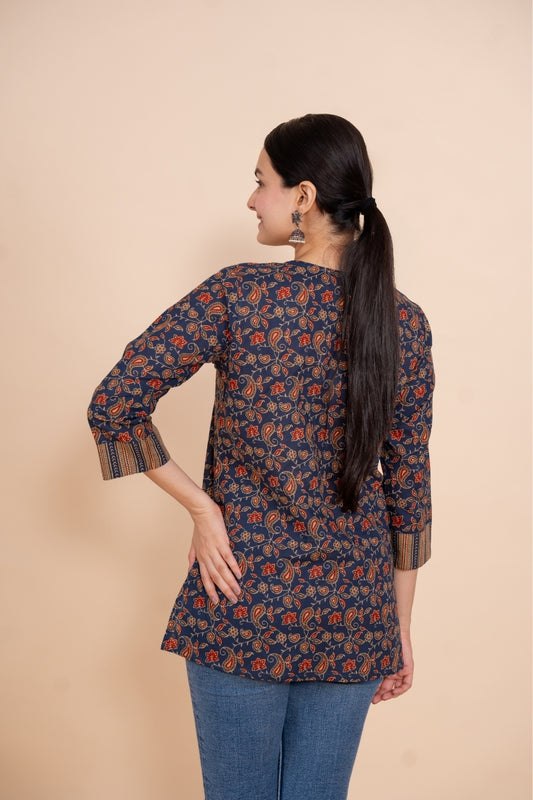 Women blue floral designer printed cotton tunic top short kurti, back view