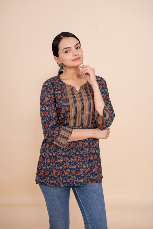 Women blue floral designer printed cotton tunic top short kurti, front view 3