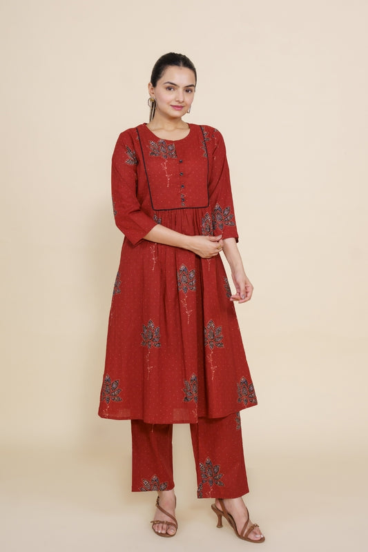 Ekisha's women maroon multicolor floral designer printed cotton co-ord set lounge wear, front view