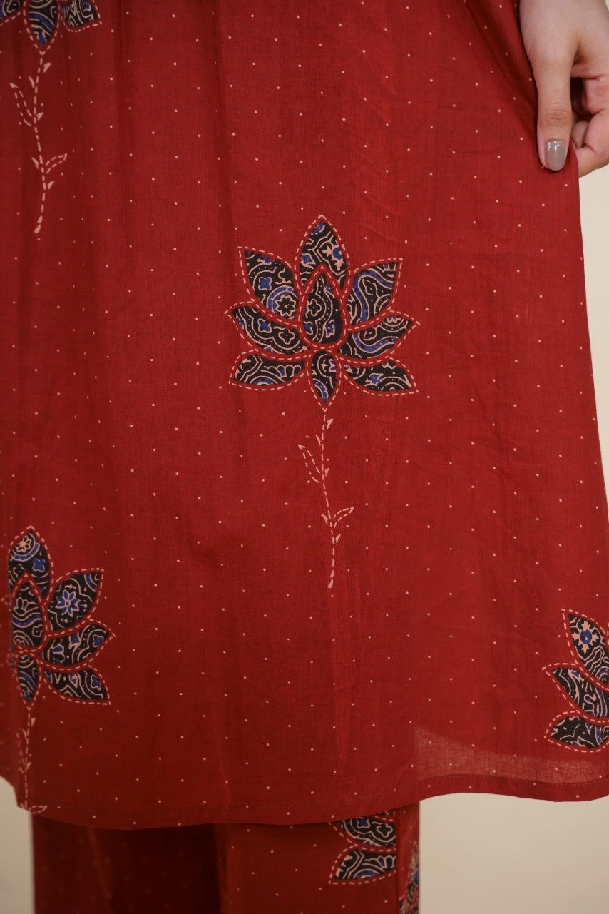 Ekisha's women maroon multicolor floral designer printed cotton co-ord set lounge wear, detailed view