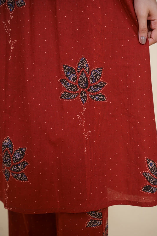 Ekisha's women maroon multicolor floral designer printed cotton co-ord set lounge wear, detailed view