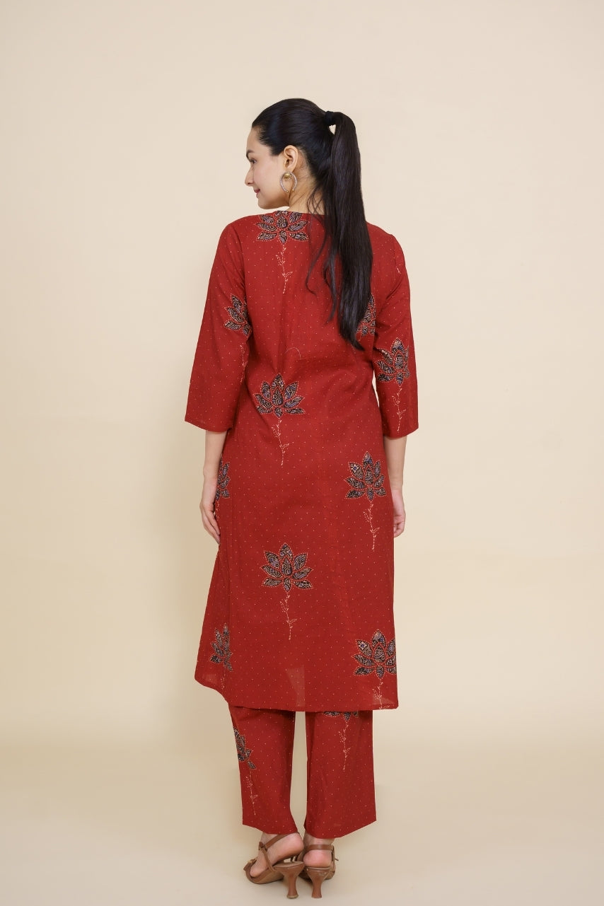 Ekisha's women maroon multicolor floral designer printed cotton co-ord set lounge wear, back view