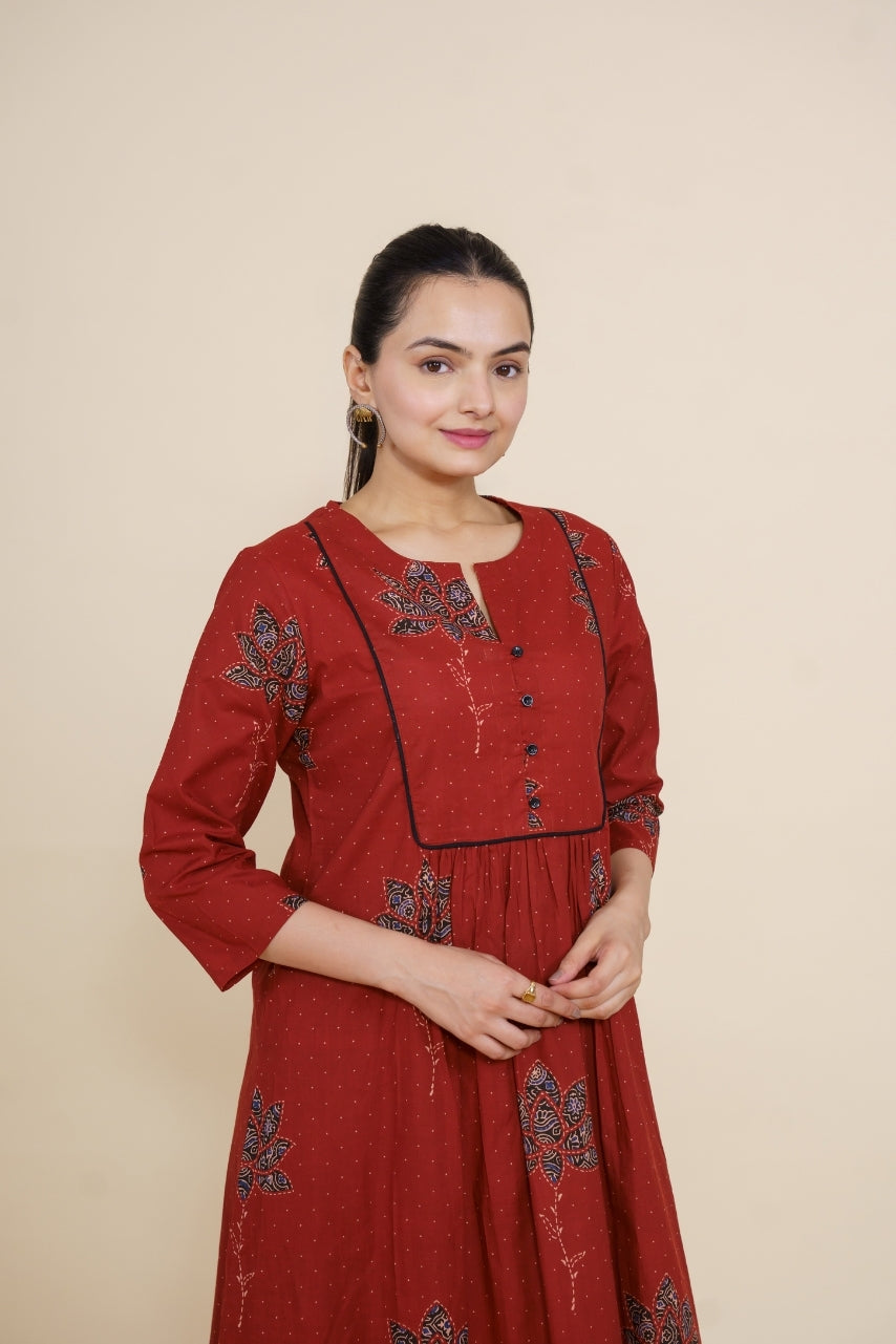 Ekisha's women maroon multicolor floral designer printed cotton co-ord set lounge wear, front view 2