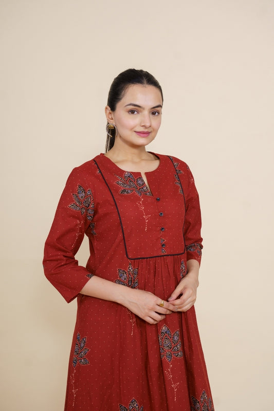 Ekisha's women maroon multicolor floral designer printed cotton co-ord set lounge wear, front view 2