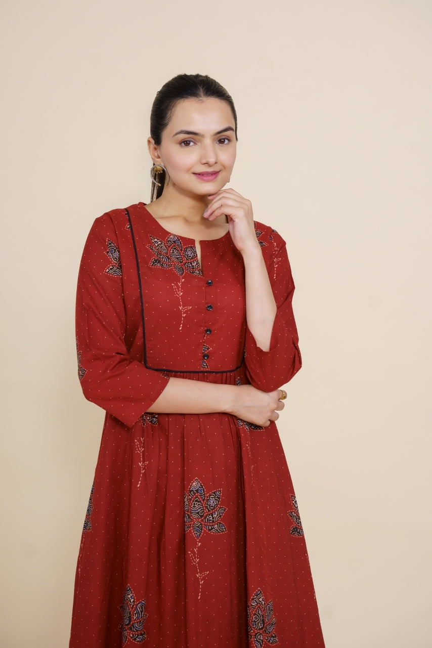 Ekisha's women maroon multicolor floral designer printed cotton co-ord set lounge wear, front view 4