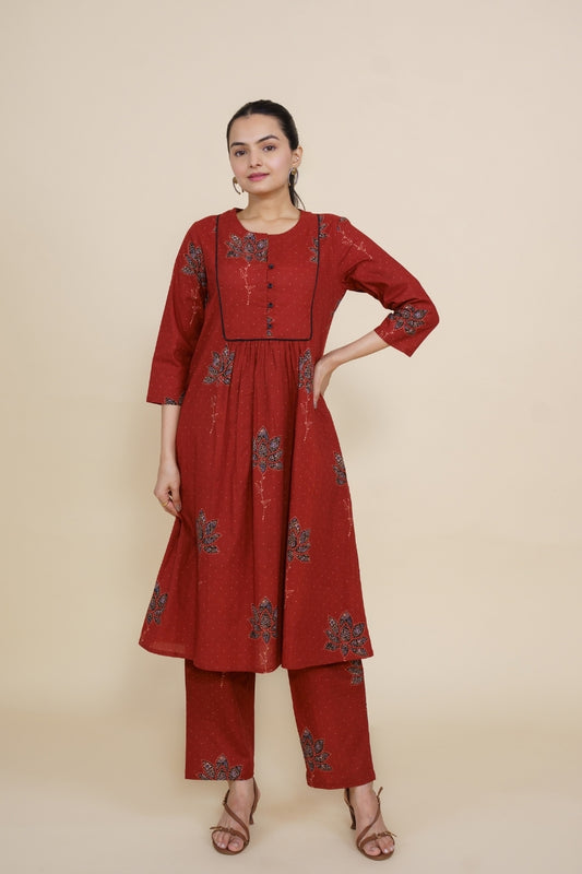 Ekisha's women maroon multicolor floral designer printed cotton co-ord set lounge wear, front view 3