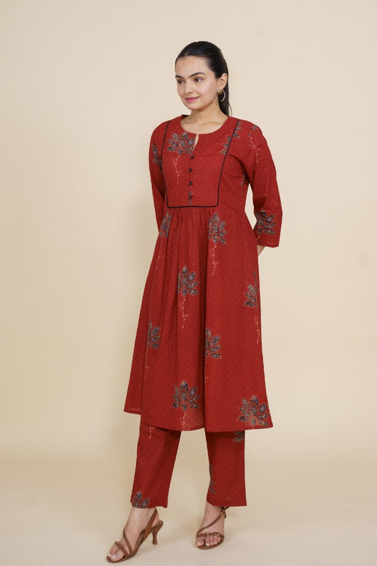Ekisha's women maroon multicolor floral designer printed cotton co-ord set lounge wear, front view 5