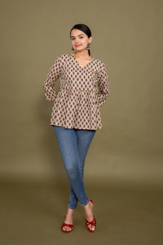 Women multicolor floral angrakha printed cotton tunic top short kurti, front view