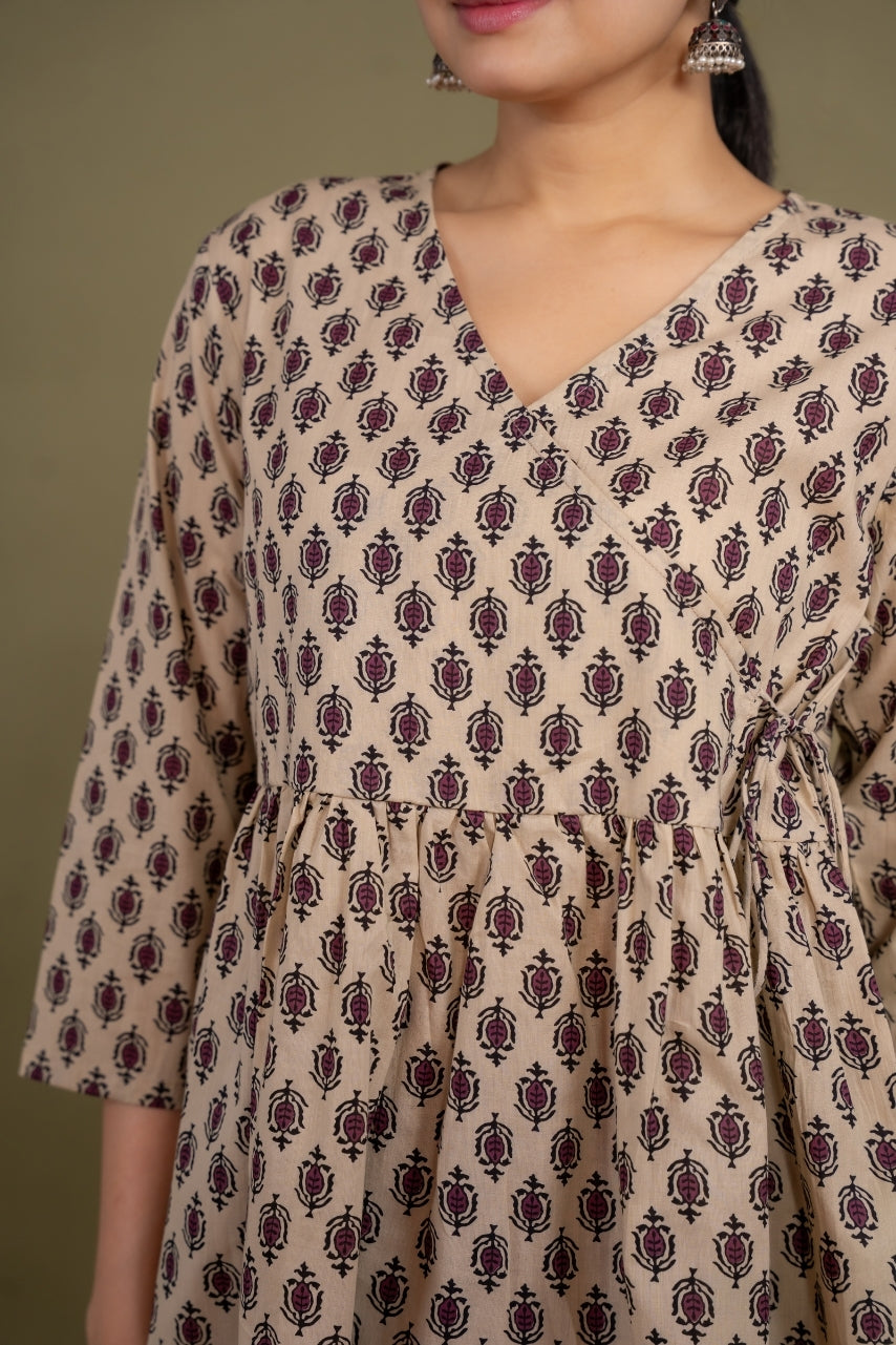 Women multicolor floral angrakha printed cotton tunic top short kurti, detailed view