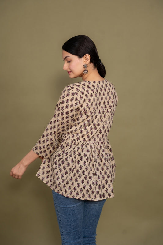 Women multicolor floral angrakha printed cotton tunic top short kurti, back view