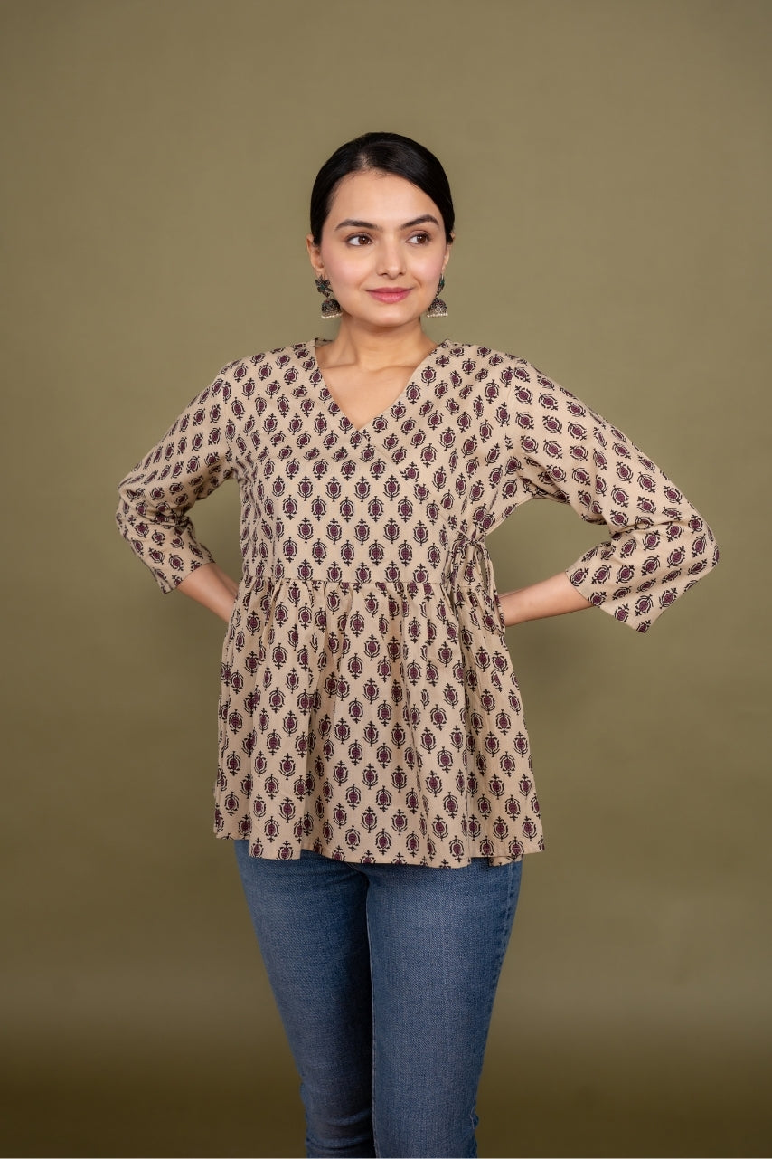 Women multicolor floral angrakha printed cotton tunic top short kurti, front view 2