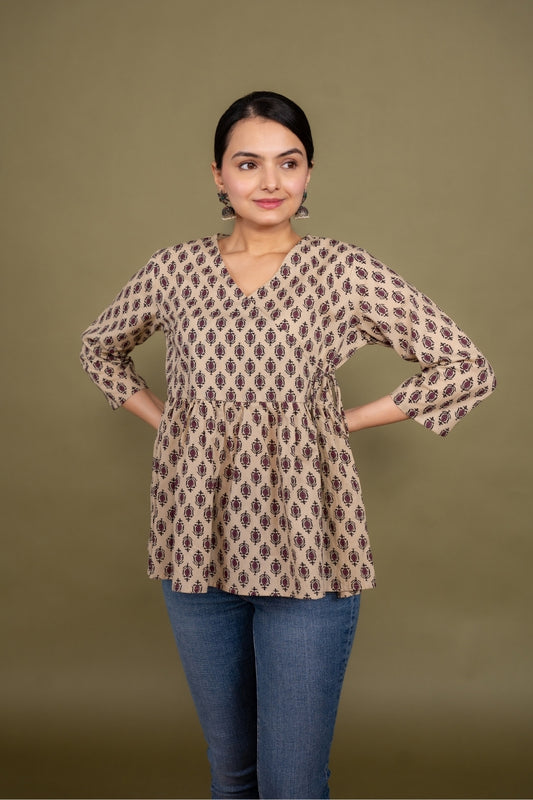 Women multicolor floral angrakha printed cotton tunic top short kurti, front view 2