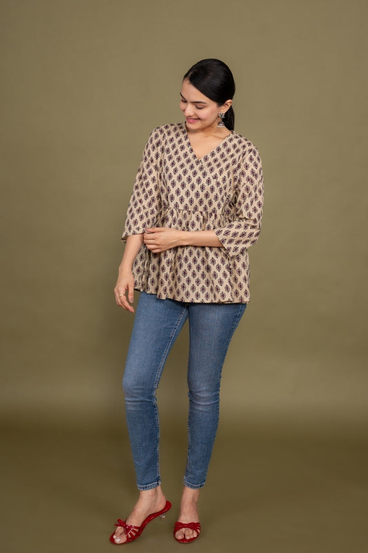 Women multicolor floral angrakha printed cotton tunic top short kurti, front view 3