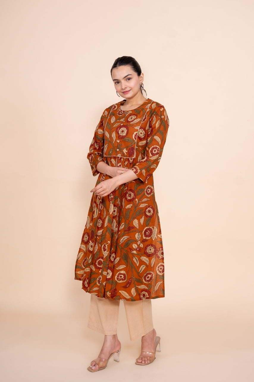 Women rust floral designer printed cotton co-ord set lounge wear, front view