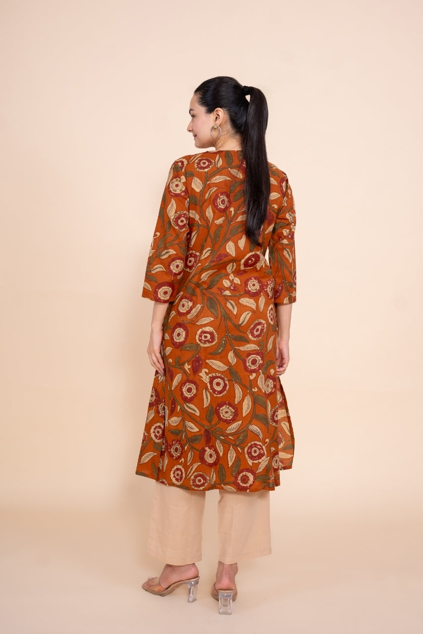 Women rust floral designer printed cotton co-ord set lounge wear, back view
