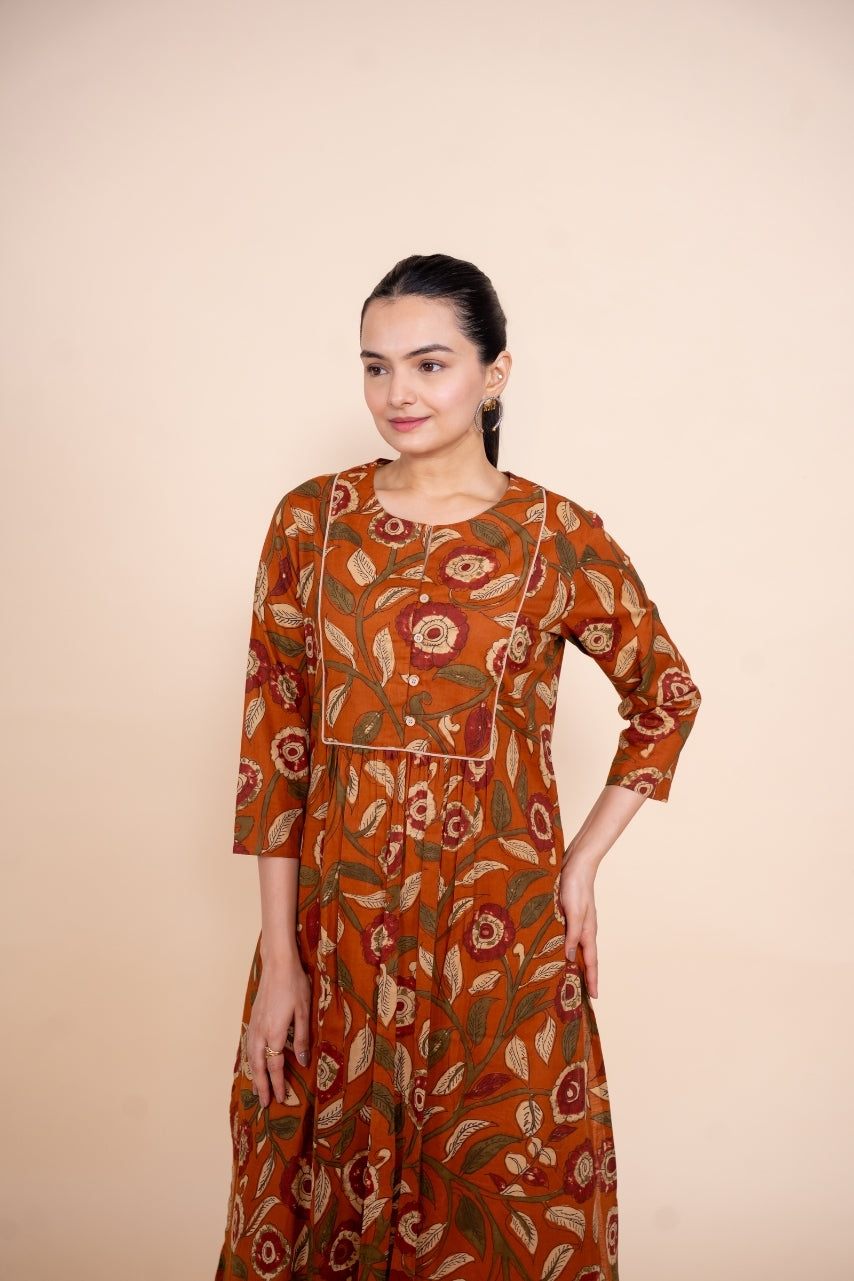 Women rust floral designer printed cotton co-ord set lounge wear, detailed view 2
