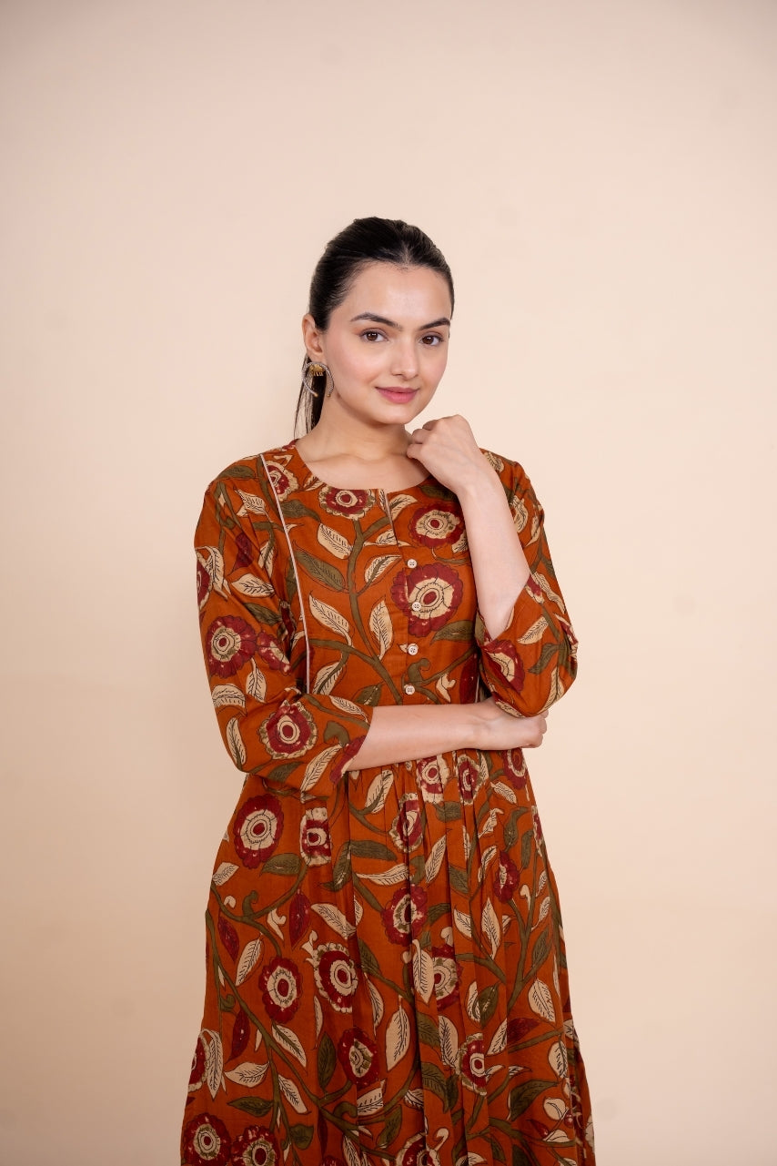 Women rust floral designer printed cotton co-ord set lounge wear, detailed view
